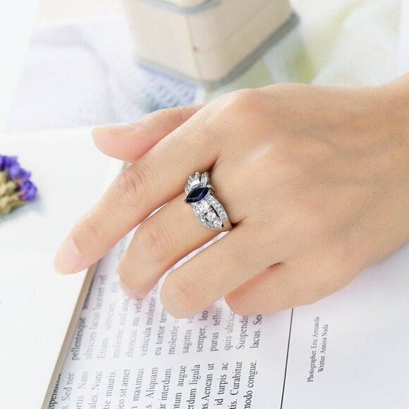 Jewelry ring band blue marquise sparkly engagement promise statement 925 silver - Picture 2 of 5